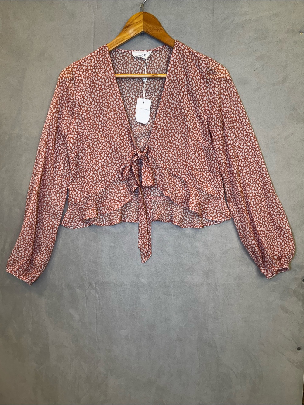 Sage The Label Tie Front Blouse XS Terracotta Animal Print Ruffle Peplum NWT